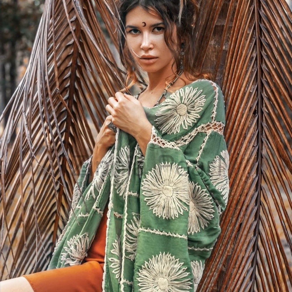 Flora crochet Embroidered maxi Kimnono Duster vacation resort one plus size